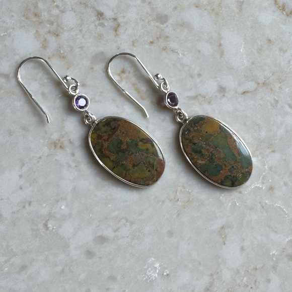 NWOT Sundance Rainforest Night Earrings, Bamboo Jasper, Amethyst, Sterling - Picture 3 of 6